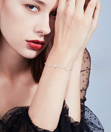 Sllaiss 925 Sterling Silver Sideways Cross Bracelet For Women Religious Chain Bracelet Christian Faith White Gold Plated Adjustable (Silver) #TOP1