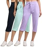 3 Pack: Womens Soft Capri Sweatpants Open Bottom Summer Lightweight Wide Leg Sweats for Women Running Bottoms Capris Sports Lounge Active Ladies Pants Casual Athletic Pockets Drawstring - Set 5, L