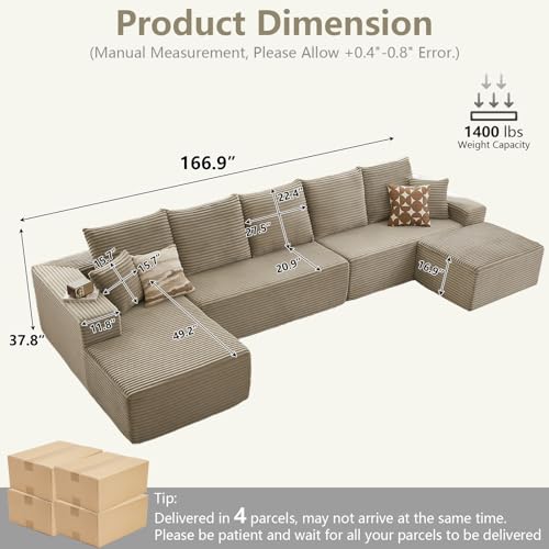 Image of Lakifun 166.9 inch L-Shape Sofa with Ottoman, Modern Modular Sectional Comfy U-Shape Cloud Couch, Deep Seat, Upholstered Corduroy Sleeper Chaise Longue for Living Room Bedroom, No Assembly Required, Camel