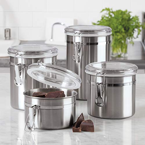 image for OGGI Set of 4 Stainless Steel Kitchen Canisters - Airtight Clamp Lid, 
