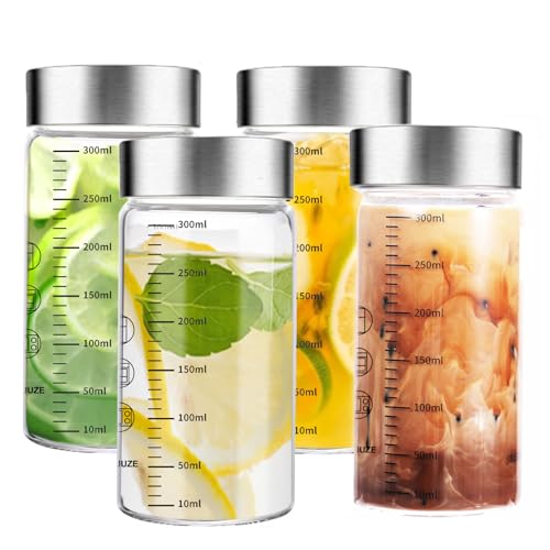 MUJUZE Glasflaschen 300ml mit Edelstahl Deckel,4er Smoothie Gläser Sets mit Messskala,Smoothie Becher to go für Säfte,Smoothies,Milch,Glas-Saftflaschen,BPA-frei,Wiederverwendbar Glaswasserflasche