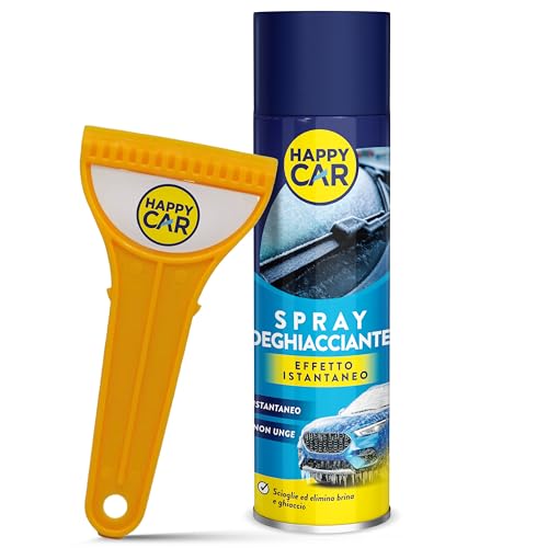 HappyCar 1 Spray Antighiaccio Auto 300 ml + Raschietto - Deghiacciante Sciogli Ghiaccio per Vetri e Parabrezza - Sblocca Finestrini, Cerniere, Guarnizioni e Serrature