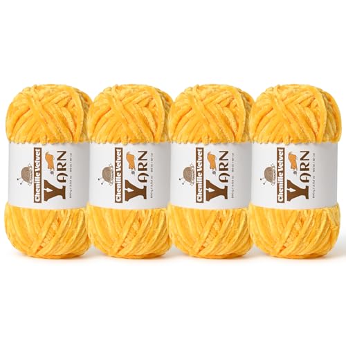 Image of 4 Pack Plush Chenille Chunky Yarn - Fluffy Velvet Yarn Crochet for Blanket Knitting and Crocheting - Soft Baby Yarns for Crocheting - Amigurumi Crochet Yarns 100g (87yds) (4 Golden Yellow)