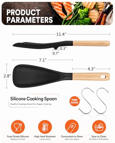 Image of Cooking Spoon for Nonstick Cookwares, Great for Cooking and Serving Sturdy BPA-Free Matte Silicone, Wood Handle Spoon for Mixing, Scoop, and Scrape (Black & Red, 11.4 inch)