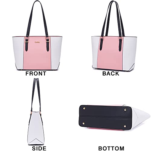 Purses For Women Large Tote Shoulder Color Blocking Handbags Top Handle Satchel Women Purse Wallet Set 2Pcs Pinkwhite #TOP4
