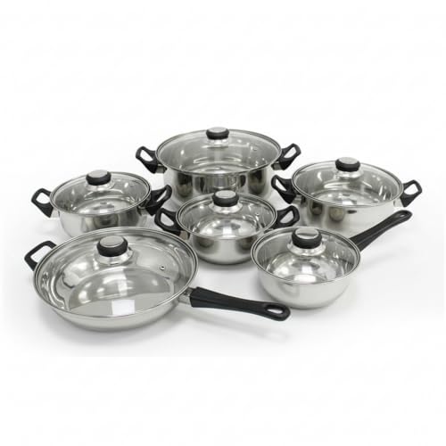 Quttin | Batería de Cocina de 12 Piezas de Acero Inoxidable Apta para Inducción, Gas y Vitrocerámica - Juego de 4 Ollas, 1 Cazo y 1 Sartén con Tapas de Cristal, Perfecta para Todas las Cocinas