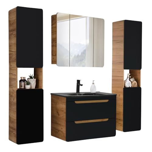 Lomadox Ensemble complet de meubles de salle de bain en chêne wotan avec lavabo en céramique de 80 cm et armoire à miroir LED, 180/200/46 cm