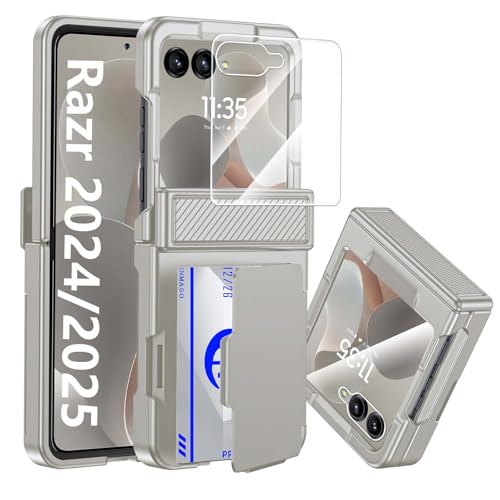 CENMASO for Motorola Razr 2025 Case/Razr 2024 Case with Card Holder [RFID Blocking] & Hinge Protection & Screen Protector, Rugged Anti-Scratch Shockproof Phone Case for Razr 2025/2024-Natural Titanium
