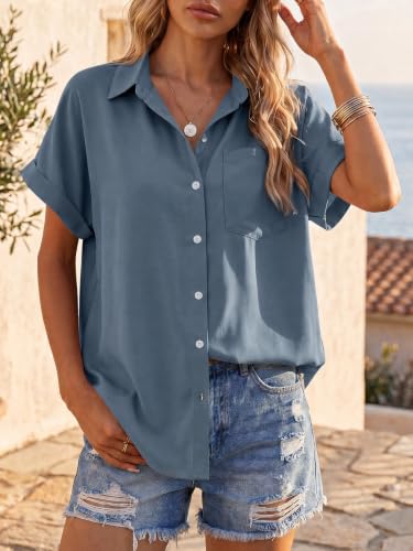 Tankaneo Womens Button Down Shirts Short Sleeve Blouses Summer Casual V Neck Collared Shirt Tops Blue Grey — view 4