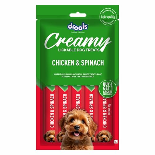 Image of Drools All Life Stages Dog Treats Creamy 5 Sticks Tasty & Nutritious Snack for All Breeds (15g x5) 75g | Chicken & Spinach Flavour | Ideal for Training | Supports Hydration | Boost Muscle Health