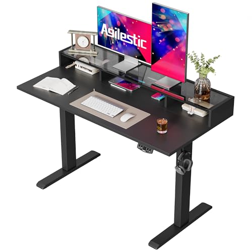 Image of Agilestic 48 x 24 Inches Electric Standing Desk with Storage, Adjustable Height Sit and Stand Computer Table with Glass Shelf, Splice Board, Black