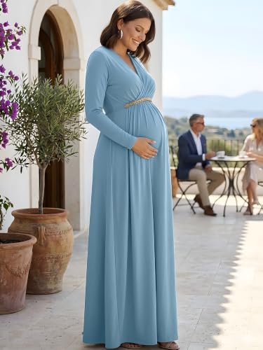Image of KOH KOH Womens Maternity Long Sleeve V-Neck Flowy Winter Maxi Dress Gown