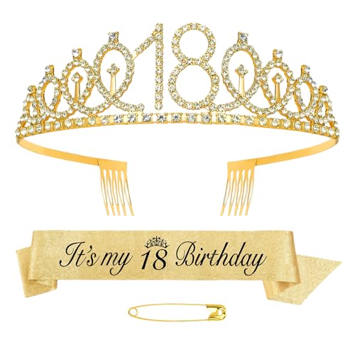 EXIN DEHCEN 18 Compleanno Corona e Fusciacca, 18 Anni Compleanno Coroncina e Fascia, Addobbi compleanno 18 Anni Ragazza, Coroncina con Strass 18 anni Ragazza Tiara, per Feste, Balli (Oro)