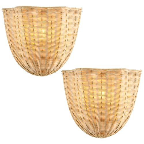 VANZARLA Modern Rattan Wall Light Fixtures Set of 2 Farmhouse Sconces Wall Lighting Rustic Wall Sconce for Bedroom Kitchen Living Room Bathroom