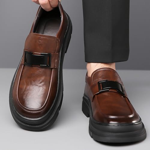Image of Men's Leather Round Toe Platform Slip-On Oxford Shoes,Fashion Metal Decoration Business Loafers Casual Formal Work Driving Shoes