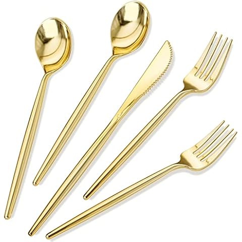 Rubtlamp 180Pcs Gold Plastic Silverware,Luxury Gold Plastic Cutlery,Heavy duty Gold Plastic Flatware,Gold Utensils Set Disposable Include 60Gold Forks,60Gold Spoons,60Gold Knives for Party,Wedding Cover