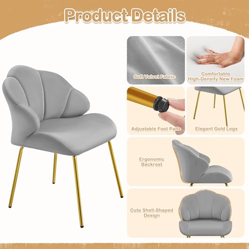 Image of Yaheetech Vanity Chair, Velvet Accent Chair with Shell-Shaped Backrest, Modern Armchair with Gold Metal Legs for Dressing Room /Bedroom /Living Room, Light Gray