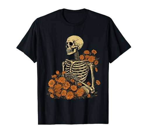 Halloween Orange Floral Gothic Skeleton Vintage T-Shirt