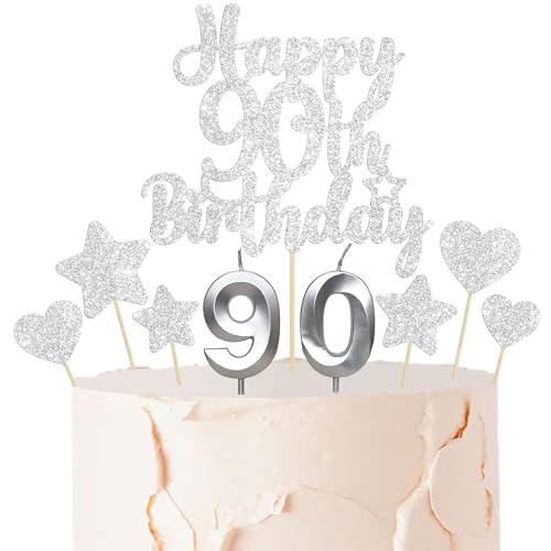 Gyufise 15Pcs Happy 90th Birthday Cake Topper Set with Heart Star Glitter Cheers to 90 Years Cake Picks Number 90 Candles Cake Decorations for Happy 90th Birthday Anniversary Party Supplies Silver