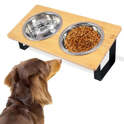 Stand-Up Tilted Bamboo table & Metal elevated dog bowls – 2 Stainless Steel Bowls for Food or Water Included, Elevated pet Feeder Perfect for Small Dogs, Cats, Medium pets Stand-Up Tilted Bamboo table & Metal elevated dog bowls – 2 Stainless Steel Bowls for Food or Water Included, Elevated pet Feeder Perfect for Small Dogs, Cats, Medium pets