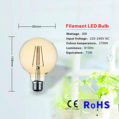 SD LUX Ampoules LED globe E27 8W à filament vintage - Ambre G95 - sans scintillement à vis Edison - 850lm (équivalent à 75W) - Blanc chaud 2700K - non variable - Lot de 2