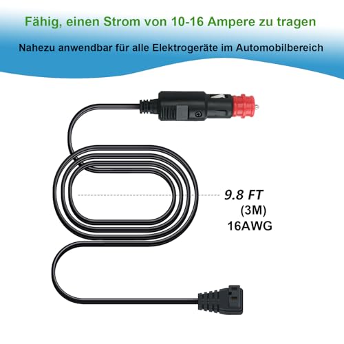 KFZ Kühlbox Ersatzkabel DC12V 10-16 Ampere des Stroms 3 Meter, für Kühlbox Dometic, Alpicool, Waeco CF, ARB, Setpower, ICECO, Zigarettenanzünder stecker Ersatzkabel Kühlbox Kable