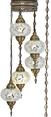 Demmex Swag Plug In Light, Turkish Moroccan Colorful Mosaic Wall Plug In Ceiling Hanging Light Chandelier Lighting With 15Feet Chain Cord & Plug, 5 Big Shades (White & Clear) #TOP1