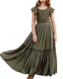 BIBIHOU Girl Kids Lace Crew Neck Flower Ruffle Sleeve Swing Holiday Party Wedding A-Line Maxi Long Dress, 8Y