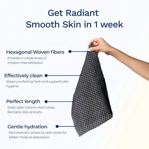 exfoliating washcloth face amp body scrub towel - japanese exfoliating towel with hexagon fibers body scrubber with 2 sides for scrubbing amp washing extra long body towel black