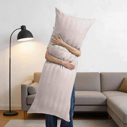 Image of 100% Egyptian Cotton Body Pillow Cover Long Pillow Case, 600 Thread Count Bed Pillow Protector with Zipper, Sateen Weave Full Body Pillowcase for Adults 20x54 Inches (1PC, Body, Striped Light Beige)
