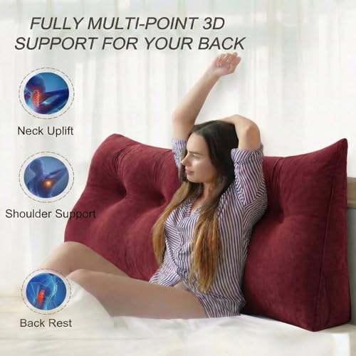 Image of Luxury Velvet Tufted Wedge Pillow with Side Pocket - Soft Headboard Back Support Cushion for Bed, Sofa & Floor Seating - Red Color