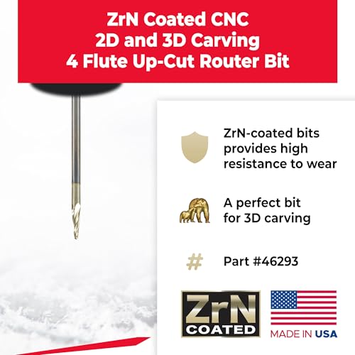 Image of Amana Tool Up Cut Spiral CNC Router Bits for 2D /3D Carving, ZrN Coated, 46293, 5.4 Deg Tapered Angle Ball Tip 1 /16 D x 1 /32 R x 0.362 x 1 /8 Shk x 4 Fl