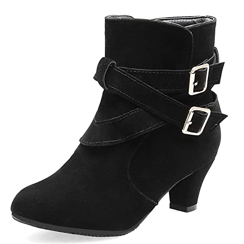 MJIASIAWA Femmes Talon De Chaton Classique Bottillons Comfy Talons Moyen Hiver Bout Rond Décontractée Chelsea Riding Bottillons Boucle Noir Taille 34 Eu Cover