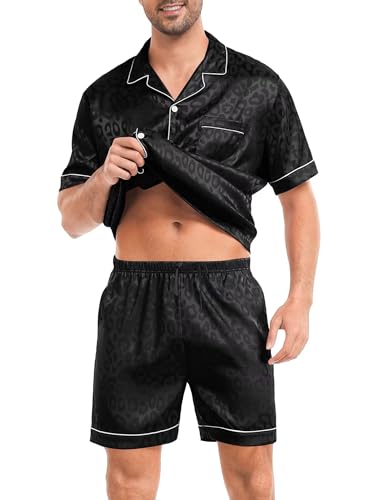 Image of SWOMOG Men Silk Pajama Set Short Sleeve Satin PJs Sets 2 Piece Button Down Sleepwear Soft Summer Loungewear with Pockets
