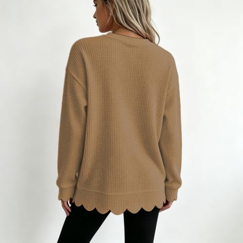 Waffle Knit Tops for Women Casual Long Sleeve Crewneck Scalloped Sweatshirt - image 2