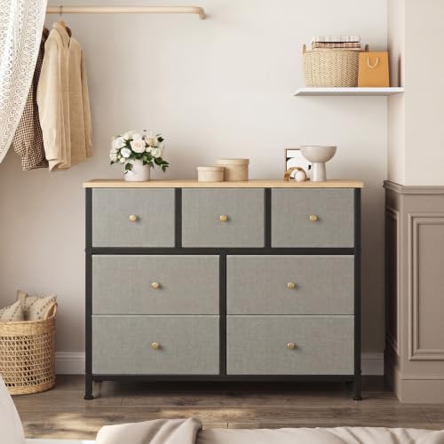 Image of OLIXIS 7 Drawer Dresser for Bedroom, Tall Fabric Storage Tower with Sturdy Steel Frame and Wooden Top, Large Dresser for Living Room Entryway with Easy Pull Fabric Bins,Dark Green