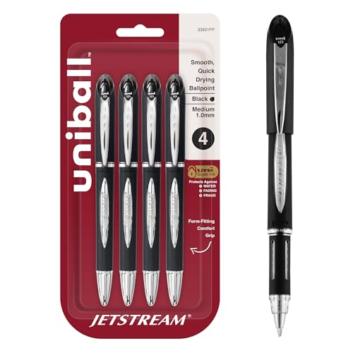 Image of uniball Jetstream Ballpoint Pens, Medium Point (1.0mm), Black, 4 Pack | Hybrid ink: gel smoothness with ballpoint quick-dry speed, smudge-resistant for left-handed writers, uni Super Ink protection