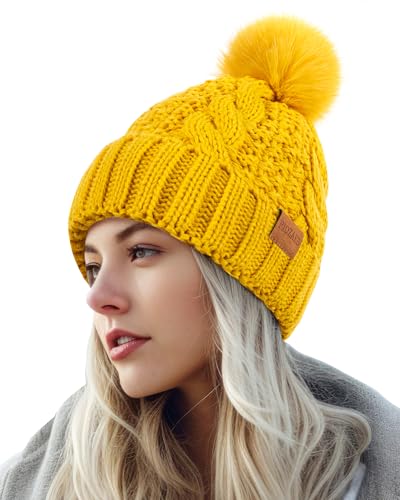 PIOZAED Damen Wintermütze mit Bommel, warm und gemütlich, Strickmütze, Fleecefutter, Totenkopfmütze für Damen, gelb