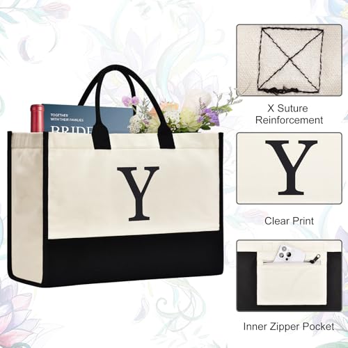 Image of GASSDA Initial Canvas Tote Bag Birthdays Gift for Women Mom Teacher Friend Bridesmaid,Custom for Wedding Beach Holidays