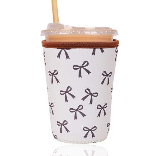 Image of Reusable Insulated Sleeve for Iced Coffee Cup, Coffee Neoprene Sleeve for Cold & Hot Drinks, Beverage Holder for Iced Coffee (Cream Bow, Medium: 22-24oz)