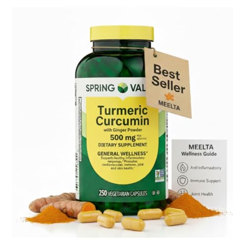 MEELTA Spring Valley Turmeric Curcumin 500mg, with Ginger Powder General Wellness, Dietary Supplement, Vegetarian Capsules, 500 mg, 250 Count + Exclusive Tag and Wellness Guide