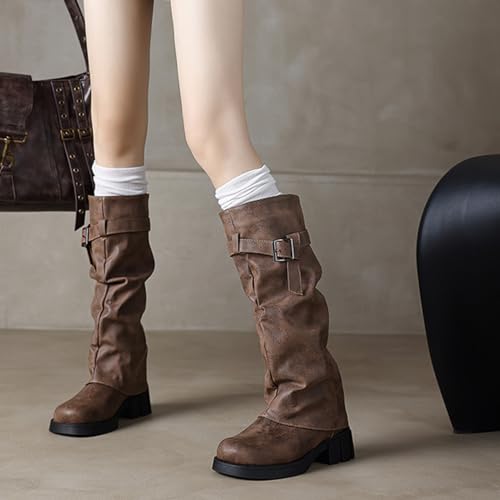 MRKEWUNEY Womens Chunky Low Heel Fold Over Boots Slouchy Biker Boots Platform knee High Boots3