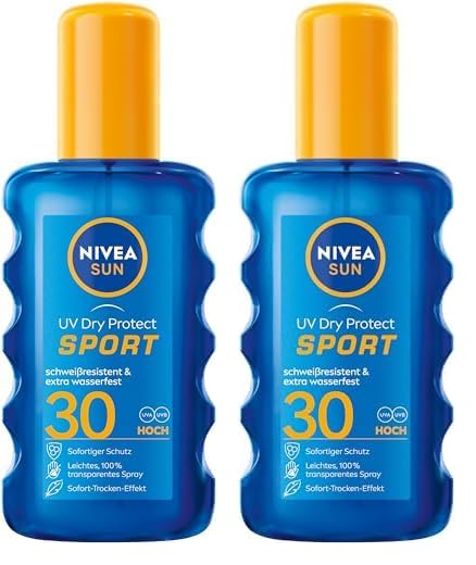 NIVEA SUN UV Dry Protect Sport Sonnenspray LSF 30 (200 ml), 100% transparenter Sonnenschutz speziell für Sportler, schweißresistente & extra wasserfeste Sonnencreme (Packung mit 2)