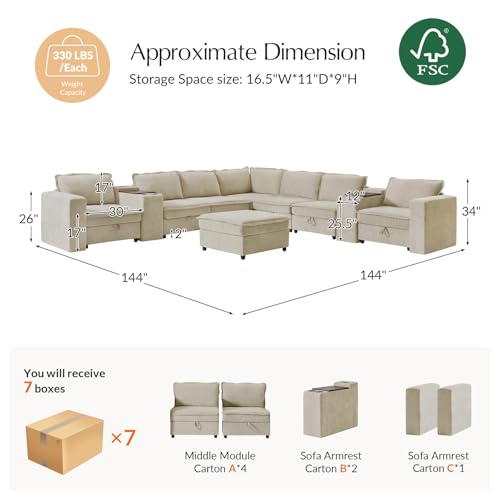 HULALA HOME Modular Sectional Sofa with USB Port and Console, 8 Seater Sofa with Storage Ottoman, Oversized L Shaped Couches for Living Room, FSC Certified, Beige