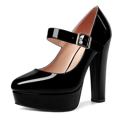 SHOWFOREST Womens Slip On Adjustable Strap Patent Party Platform Sexy Round Toe Block High Heel Pumps Shoes 5 Inch