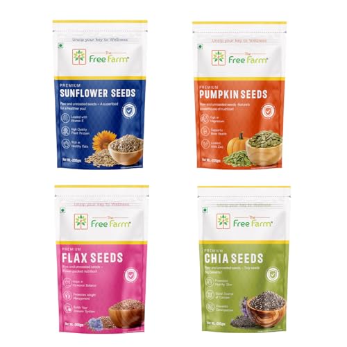The Free Farm Edible Seeds Combo 800 g | Chia Seeds + Sunflower Seeds + Pumpkin Seeds + Flax Seeds | Superfood Mix for Healthy Eating | Rich in Protein & Fiber | 200g Each