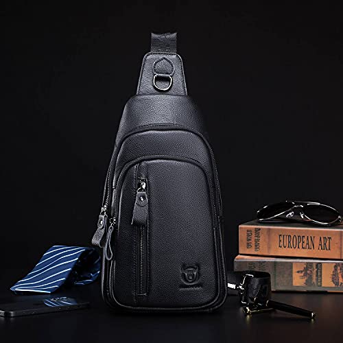 Genuine Leather Sling Bag Casual Chest Bag Travel Hiking Crossbody Shoulder Backpack Vintage Daypacks For Men&Women (Black) #TOP5