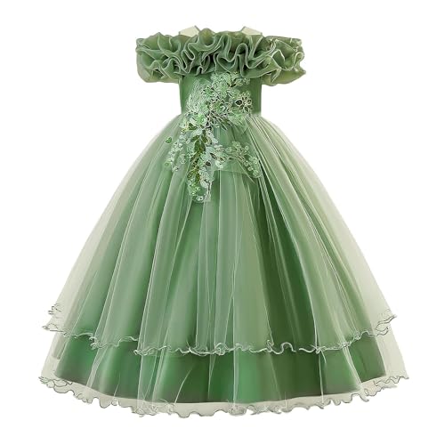 Vestido largo de princesa para niña con bordado de flores y malla premium