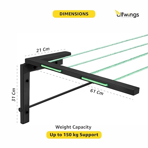 Image of Foldable Wall Mount Cloth Drying Stand | Heavy Load Capacity: Up to150 Kg | Dress Drying Hanger and Rope Metal Pipe | for Indoor, Outdoor and Balcony | (Black, Pack of 2)