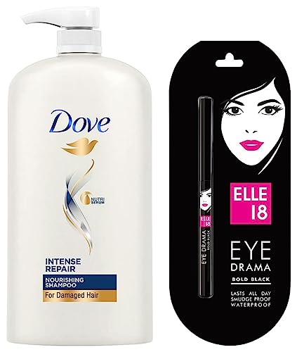 Image of Dove Intense Repair Shampoo, 1L & Elle 18 Eye Drama Kajal, Bold Black, 0.35g